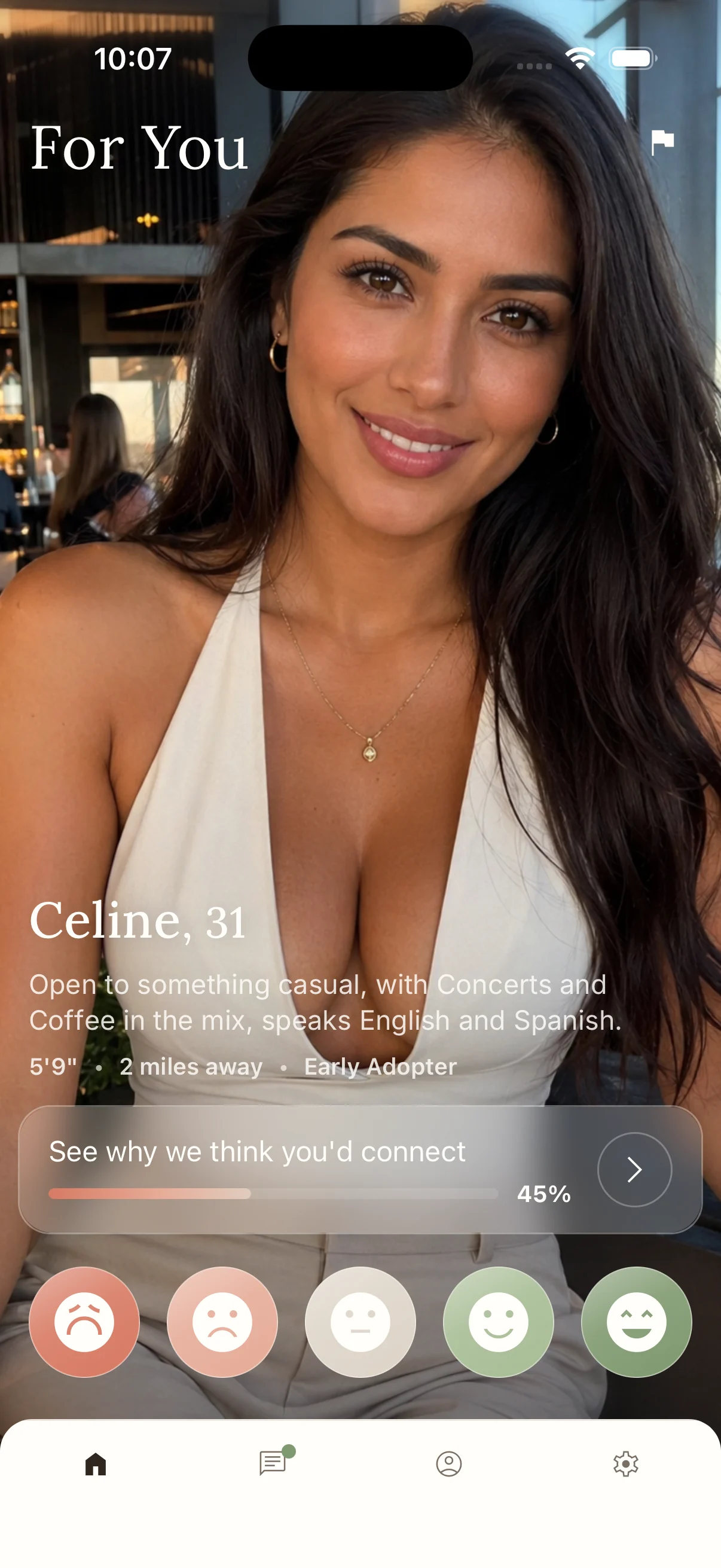 Likert For You screen featuring Celine with profile context, a compatibility preview, and five private rating controls.