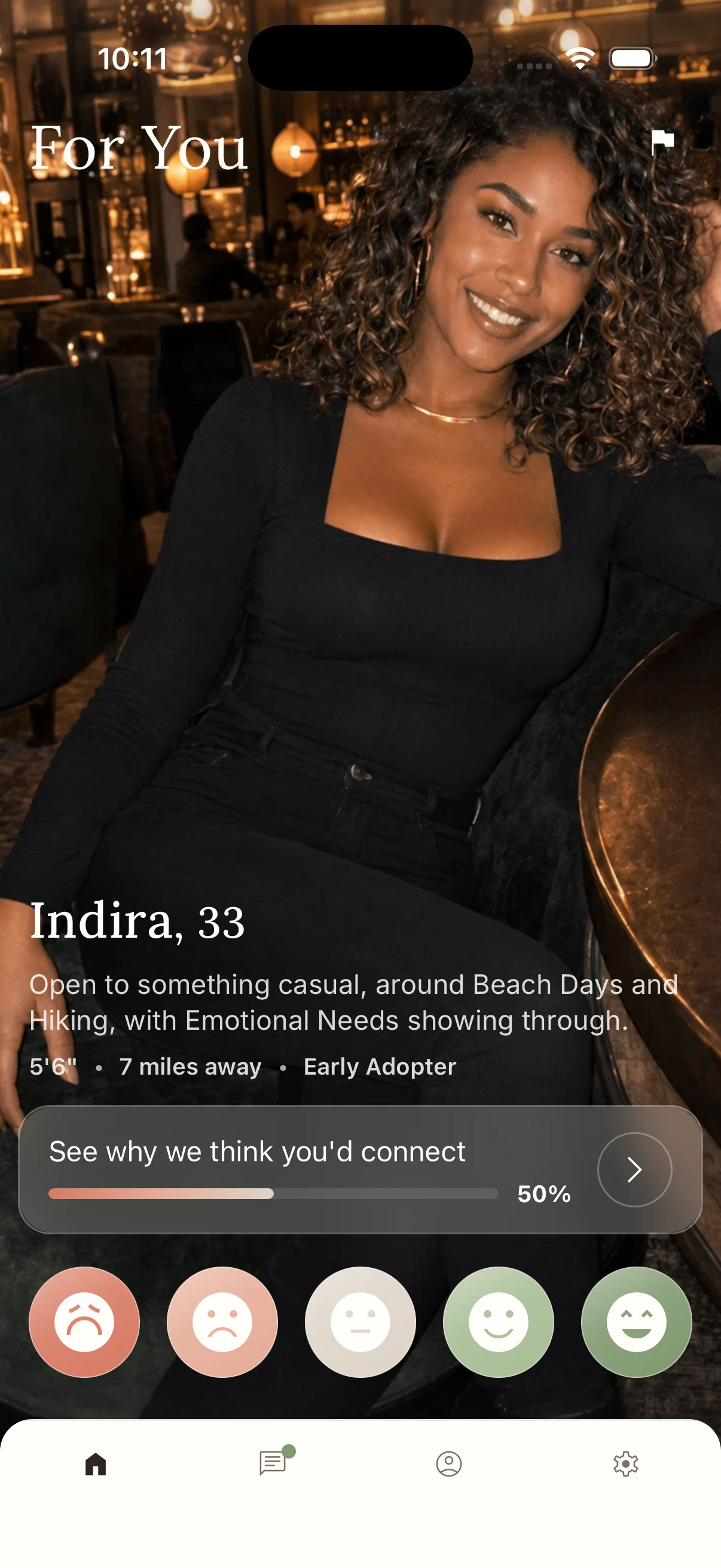 Likert For You screen featuring Indira with profile context, a compatibility preview, and five private rating controls.