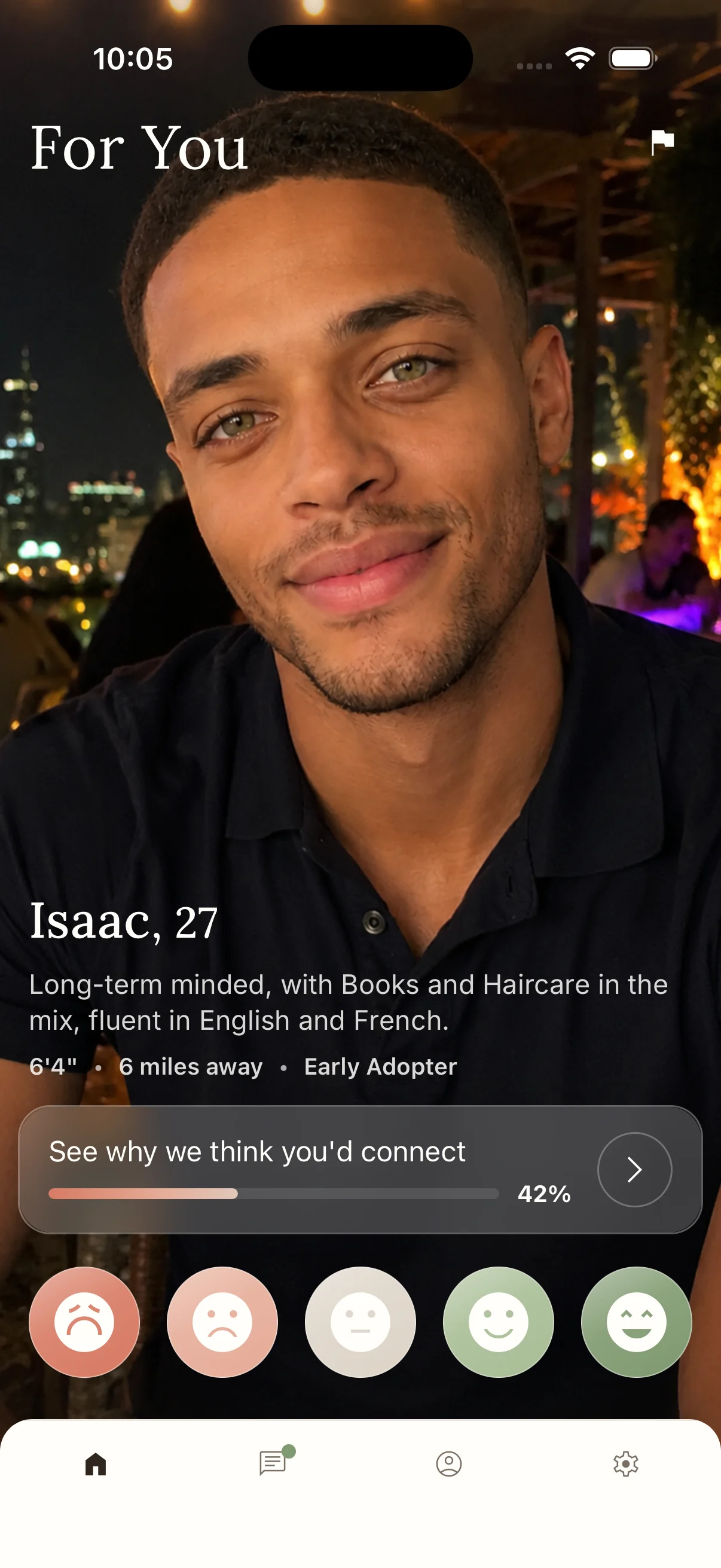 Likert For You screen featuring Isaac with profile context, a compatibility preview, and five private rating controls.