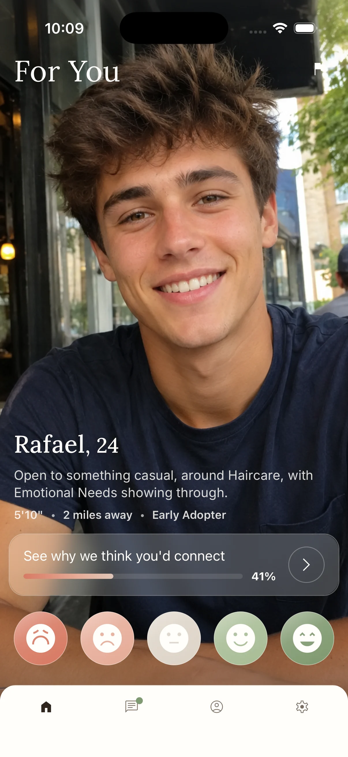 Likert For You screen featuring Rafael with profile context, a compatibility preview, and five private rating controls.