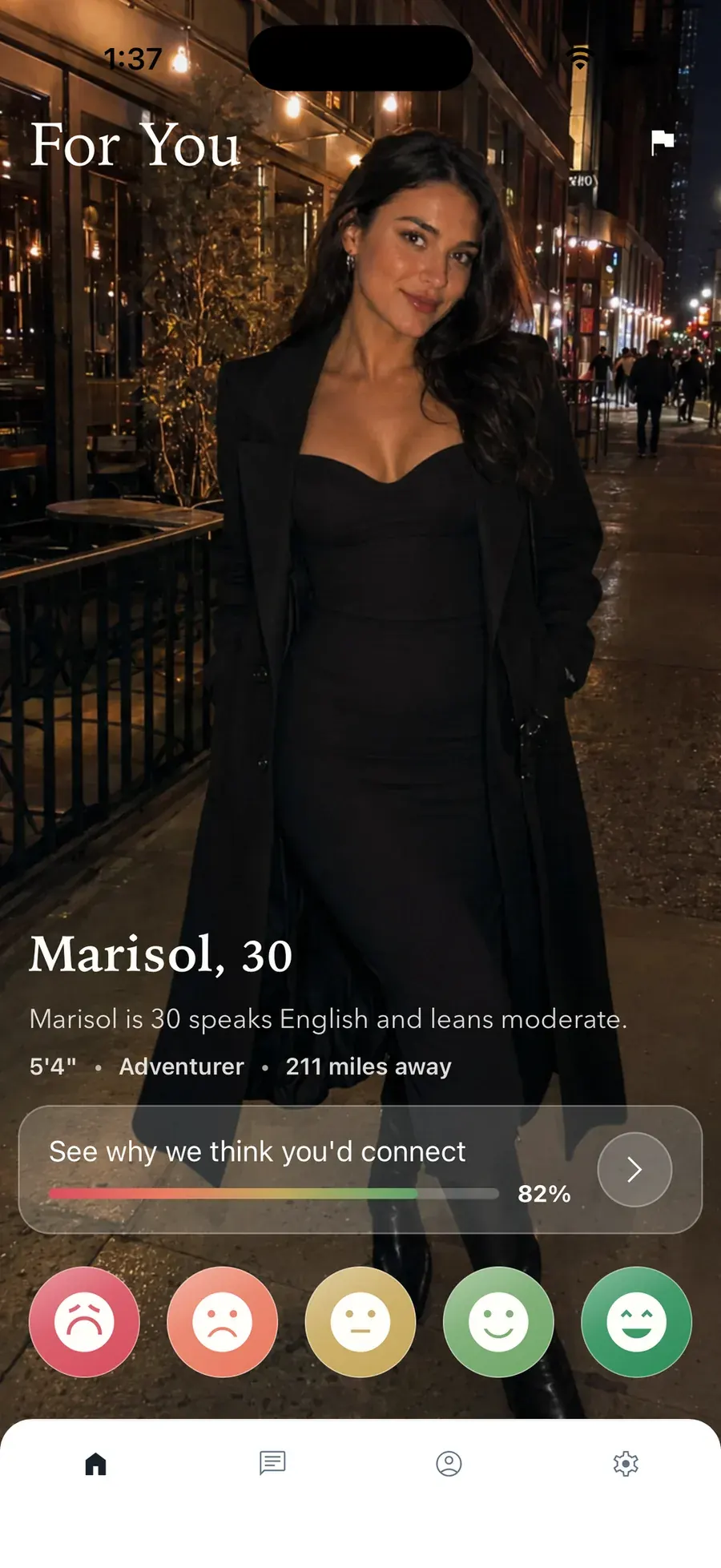 Likert For You profile screen for Marisol with an 82% compatibility preview and five rating controls.