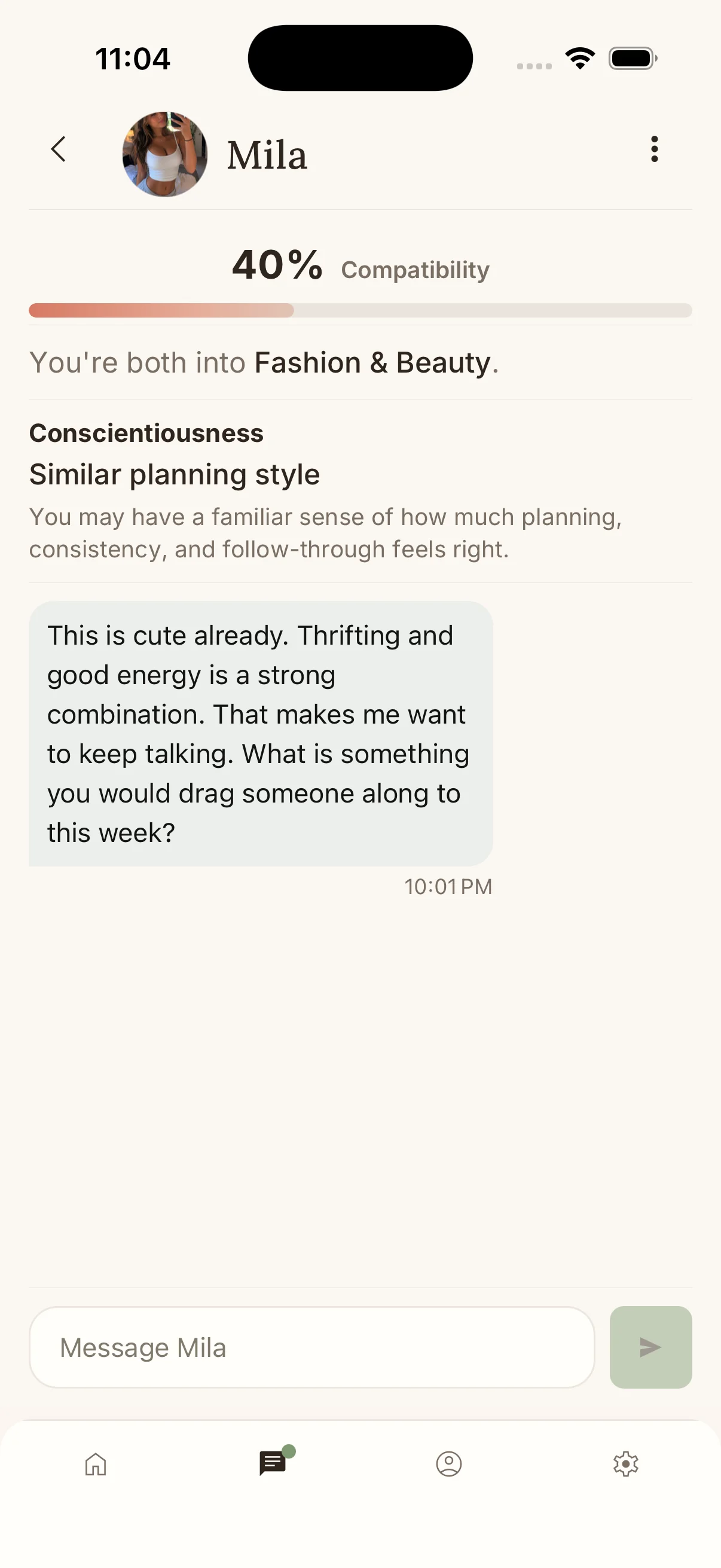 Likert conversation with Mila showing compatibility context, a shared interest, and a message.